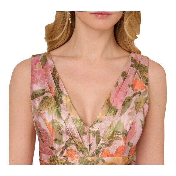 Adrianna Papell Metallic Floral Jacquard Midi Dress Sz 6 Yellow Orange Fit Flare - Picture 3 of 10